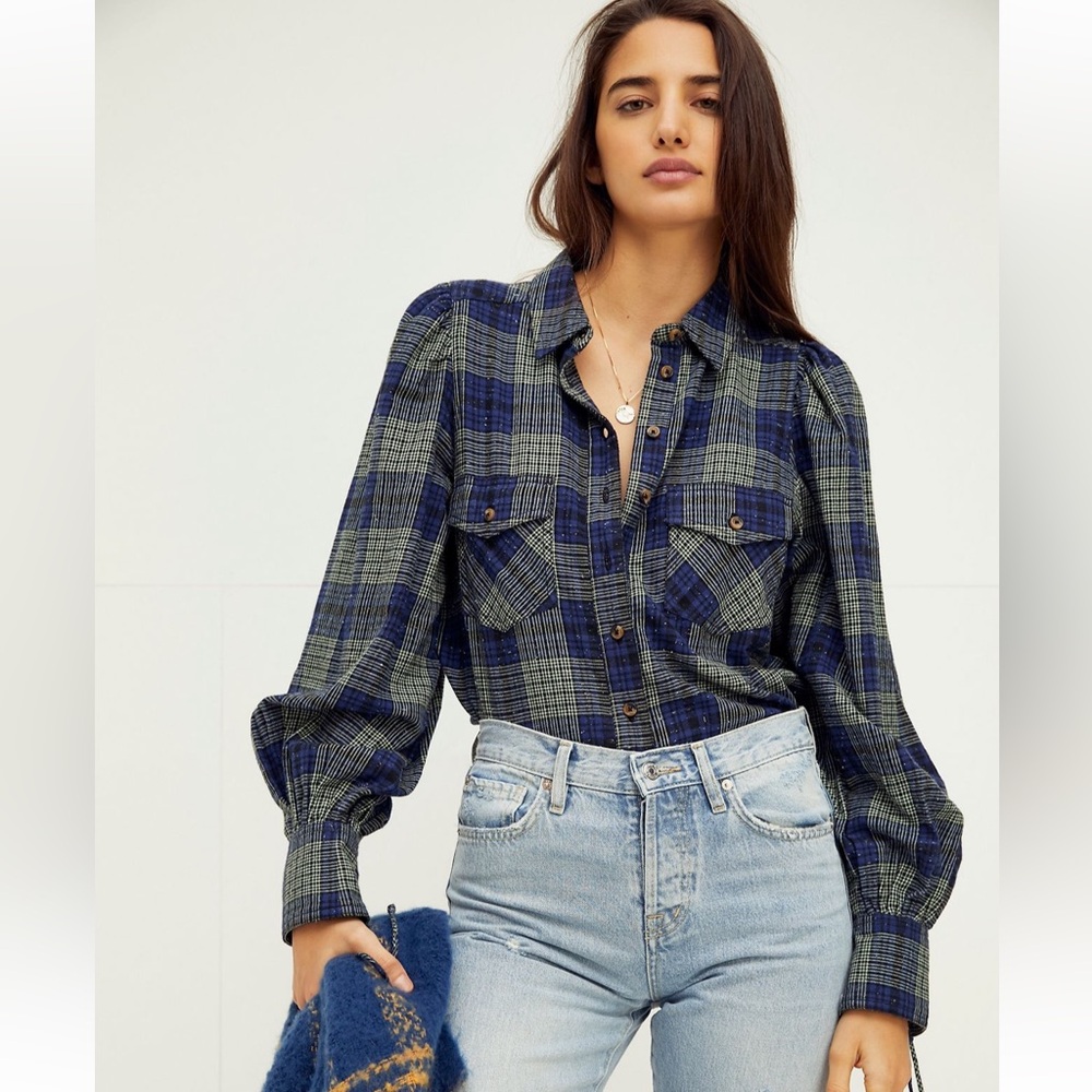 Free People We The Free Sun City Plaid Button Down Size Large